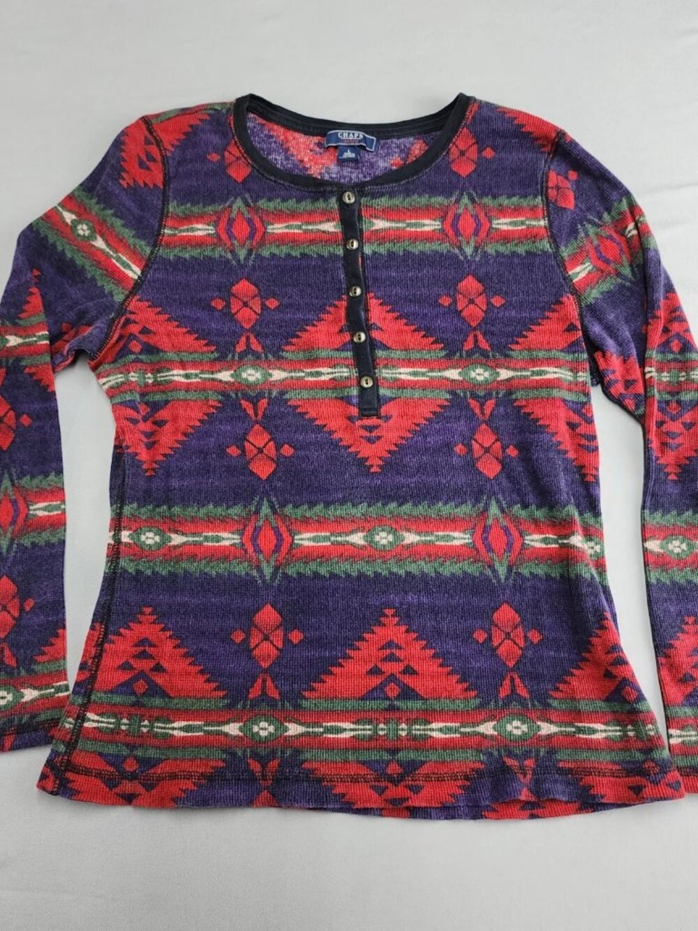 CHAPS DENIM Henley Shirt Women's S Multicolor Geometric Waffle Knit Long Sleeve